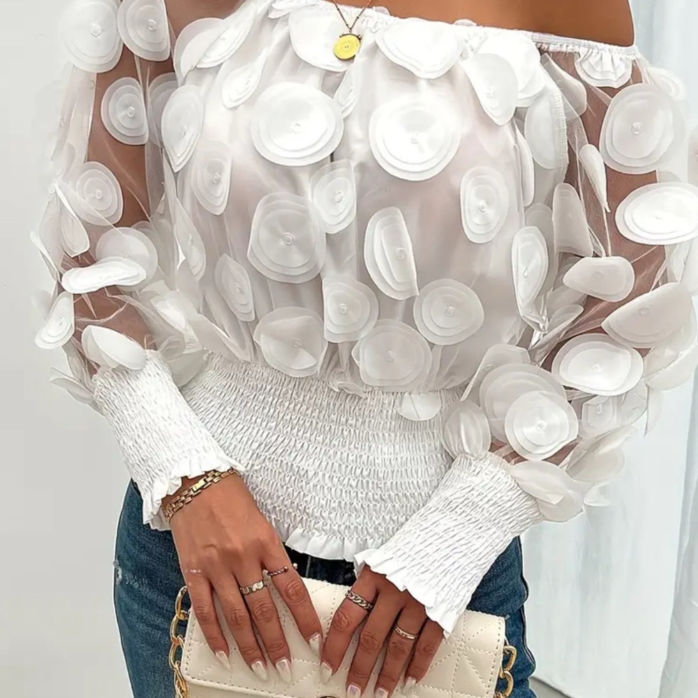 White Ruffled Smocked 3/4 Sleeve Blouse